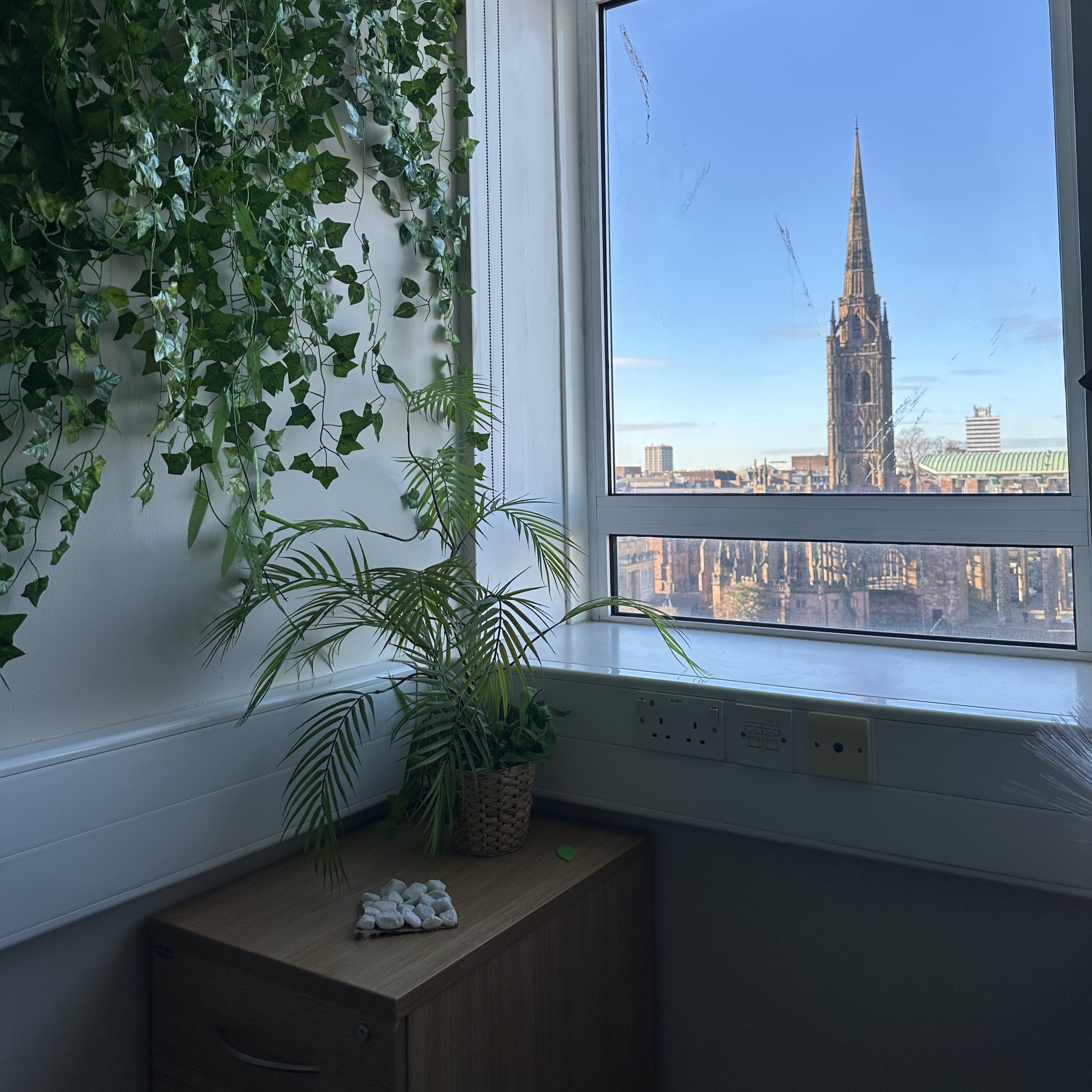 The inside of a small room, with foliage placed on a wall and a plant on a piece of furniture, with the Coventry Cathedral in the background.