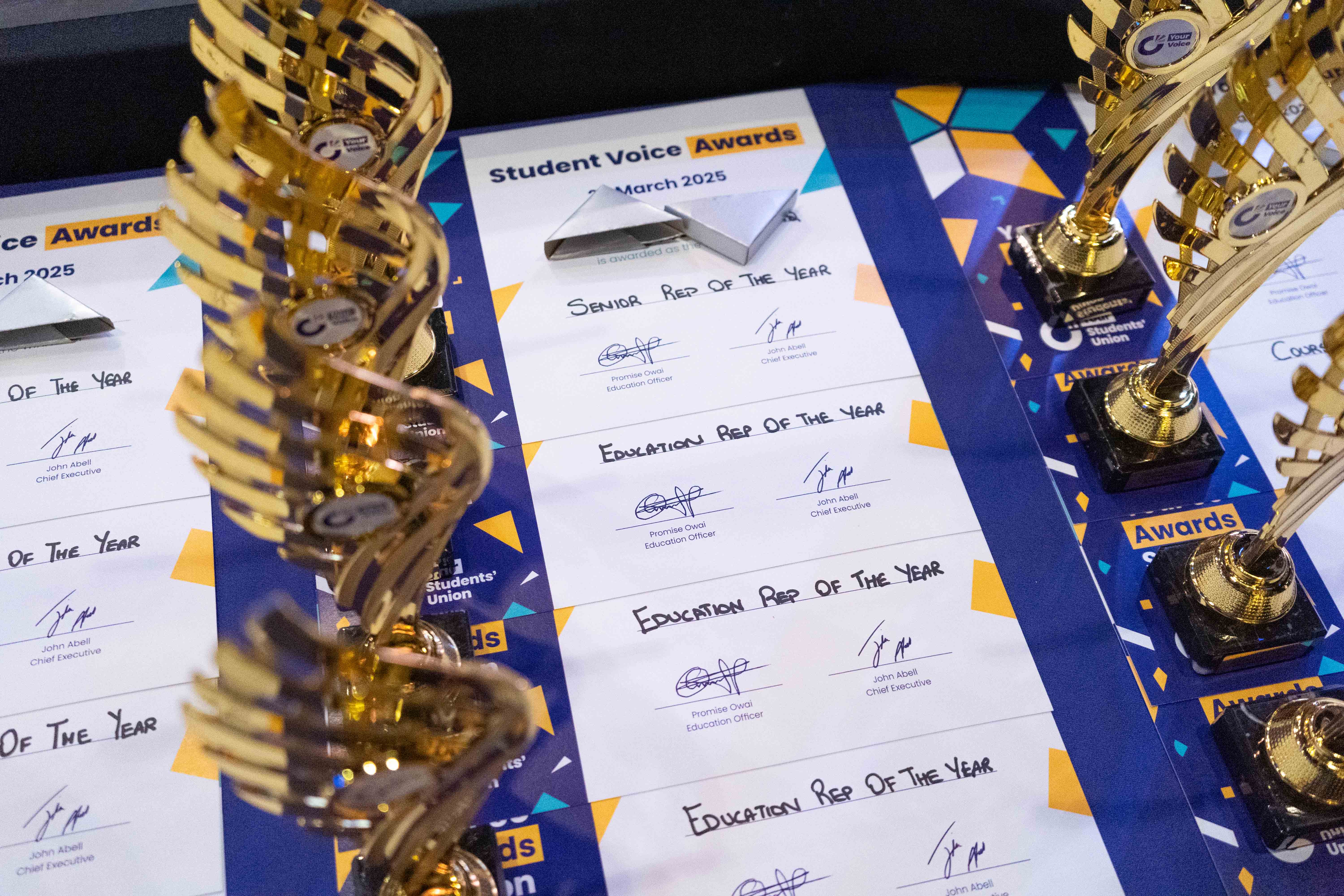 A number of award certificates and trophies displayed on a table.